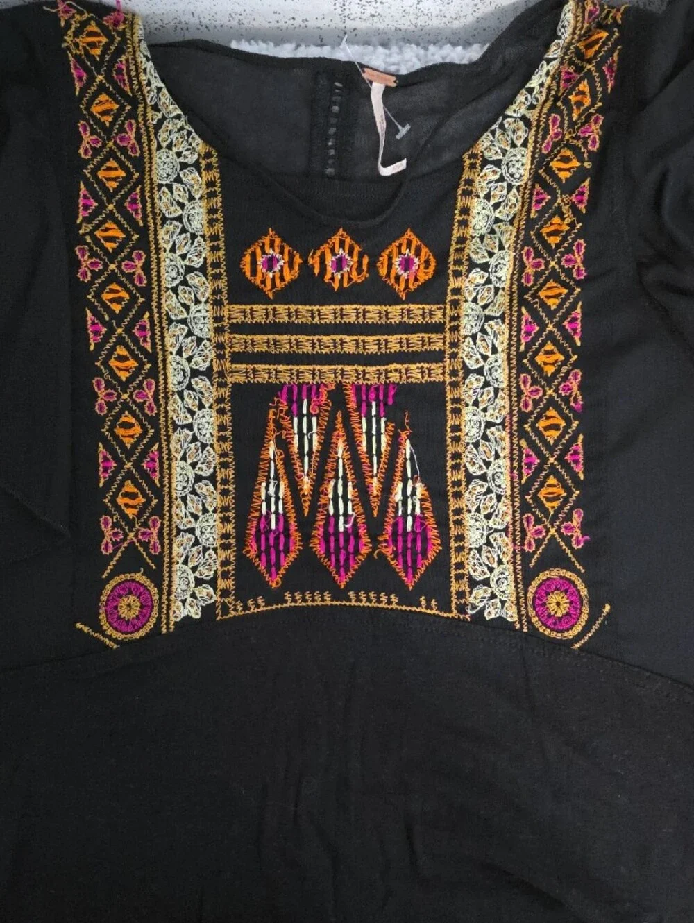 Free People Black Blouse with Multicolor Embroidered Yoke
